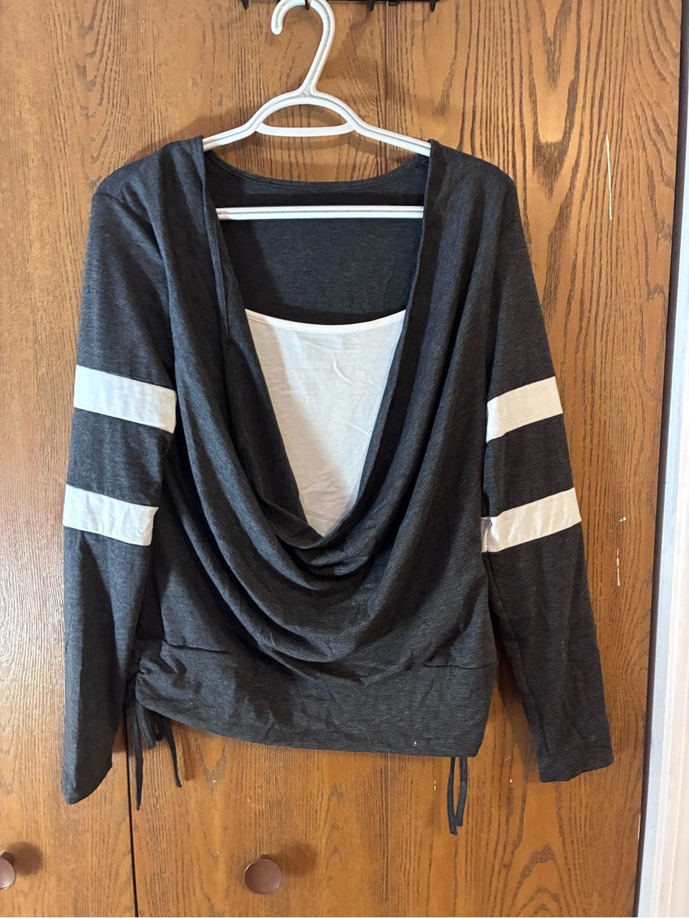 Women’s Charcoal Gray Cowl Neck Varsity Stripe Top Size M